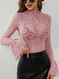 Sheer Floral Lace Turtleneck Flare Sleeve Blouse
