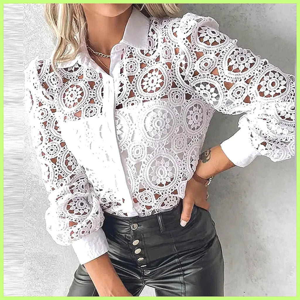 Hollow-Out Vintage Lace Long Sleeve Blouse – White