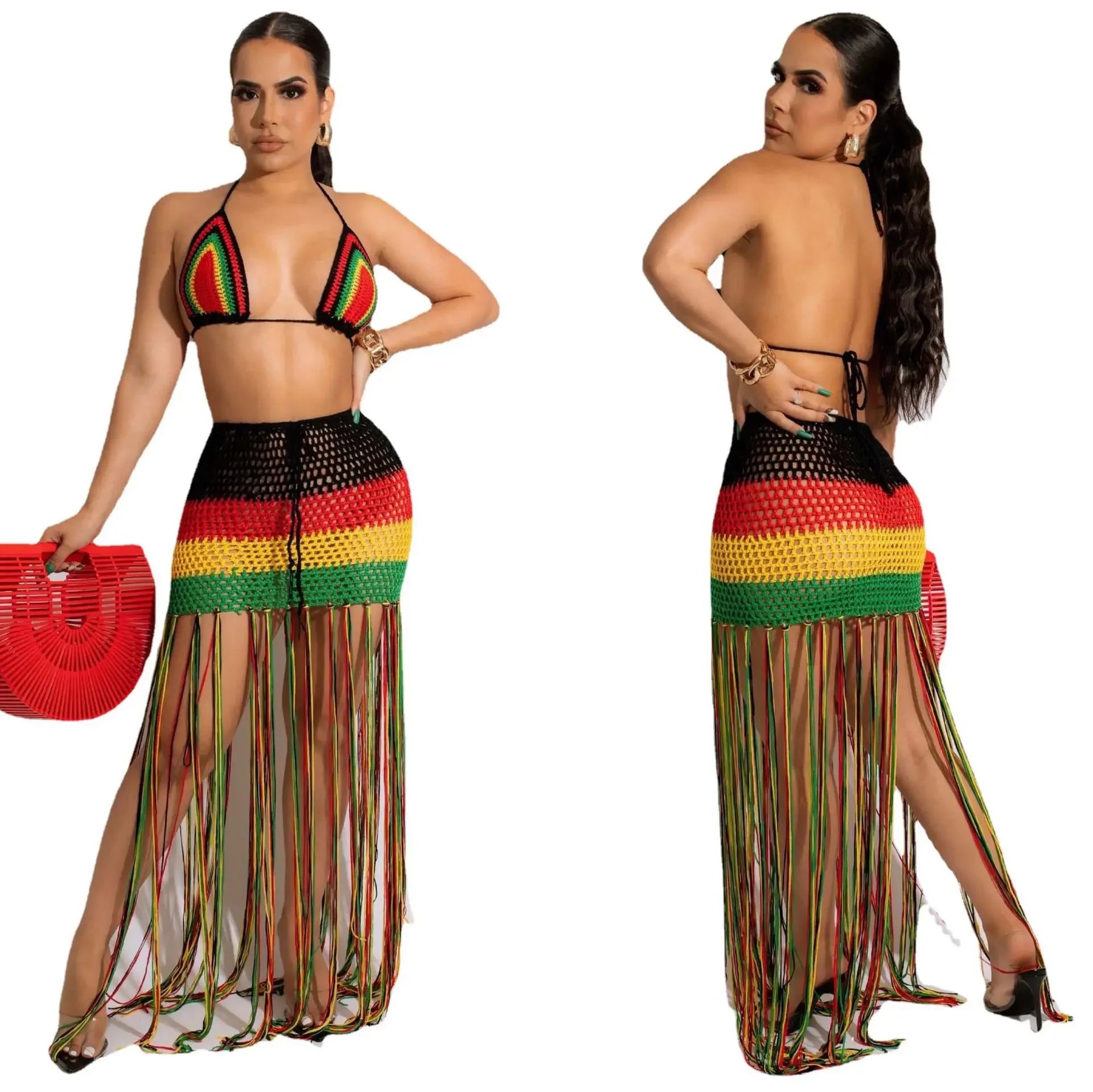 Colorful Hand Crochet Lace-Up Bra & Tassel Maxi Skirt Set