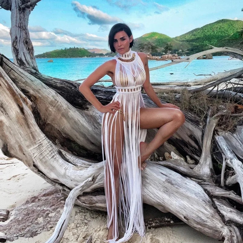 Vintage Tassel Halter Backless Crochet Maxi Dress