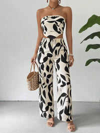 Black Leaf Print Strapless Crop Top & Wide-Leg Pants Set