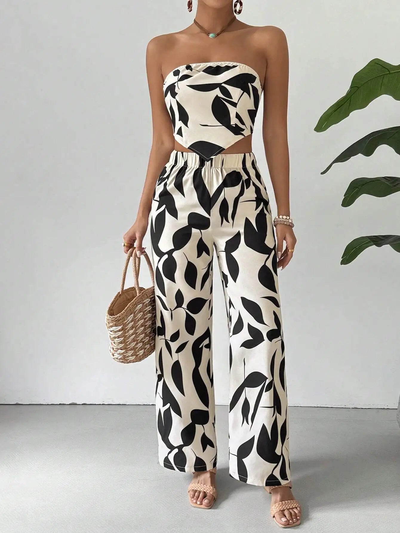 Black Leaf Print Strapless Crop Top & Wide-Leg Pants Set