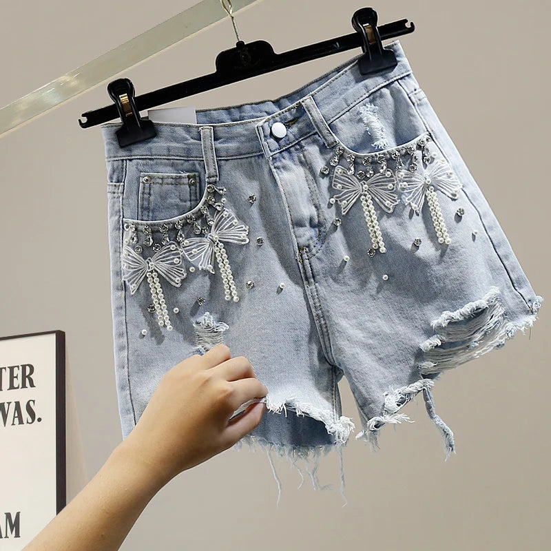 Bead-Embellished High Waist Denim Shorts