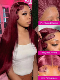 99J Burgundy Bone Straight 13x6 HD Lace Frontal Wig – 30–36 Inch Human Hair
