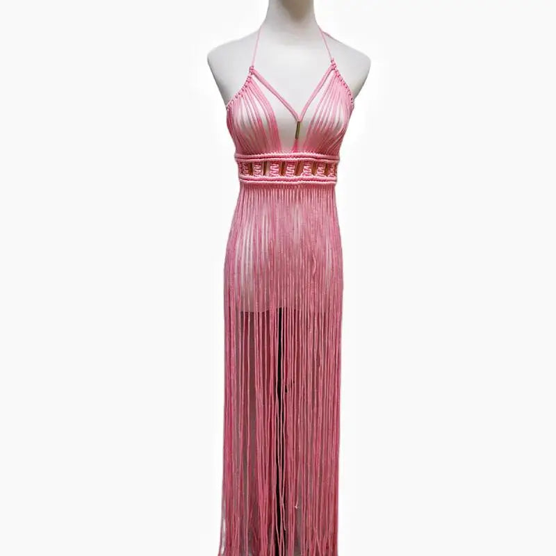 Vintage Tassel Halter Backless Crochet Maxi Dress