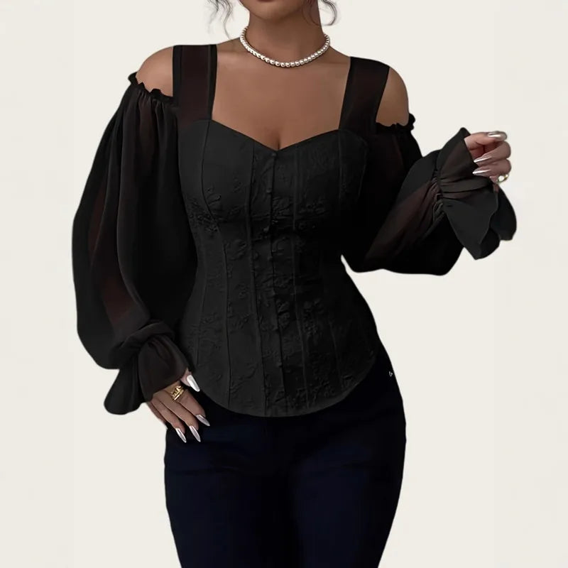 Square Collar Jacquard Slim Fit Blouse