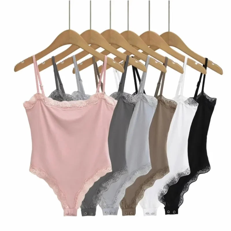 Square Neck Lace Spaghetti Strap Bodysuit