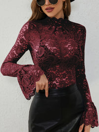 Sheer Floral Lace Turtleneck Flare Sleeve Blouse