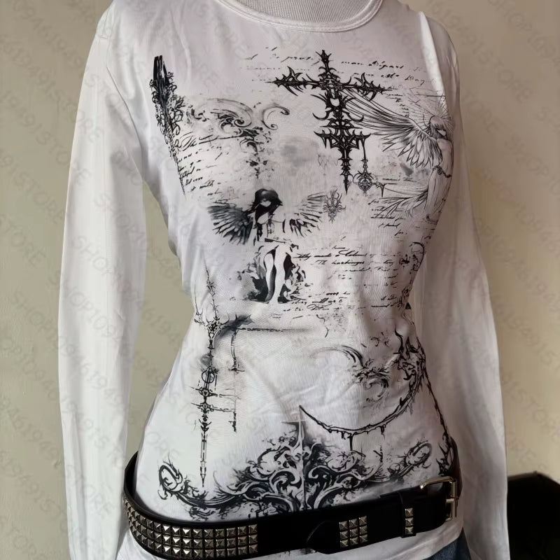 Y2K Style Aesthetic Sweet and Sexy Long Sleeved Top for Women'S Casual Gothic Punk Printed T-Shirt Harajuku Grunge Clothes Emo