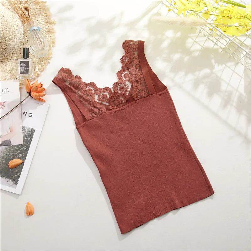 2025 Sexy Basic Lace Camisole Summer Knit Tank Top Women V Neck Camisole Female Camis High Elasticity Top Casual Tank Tops