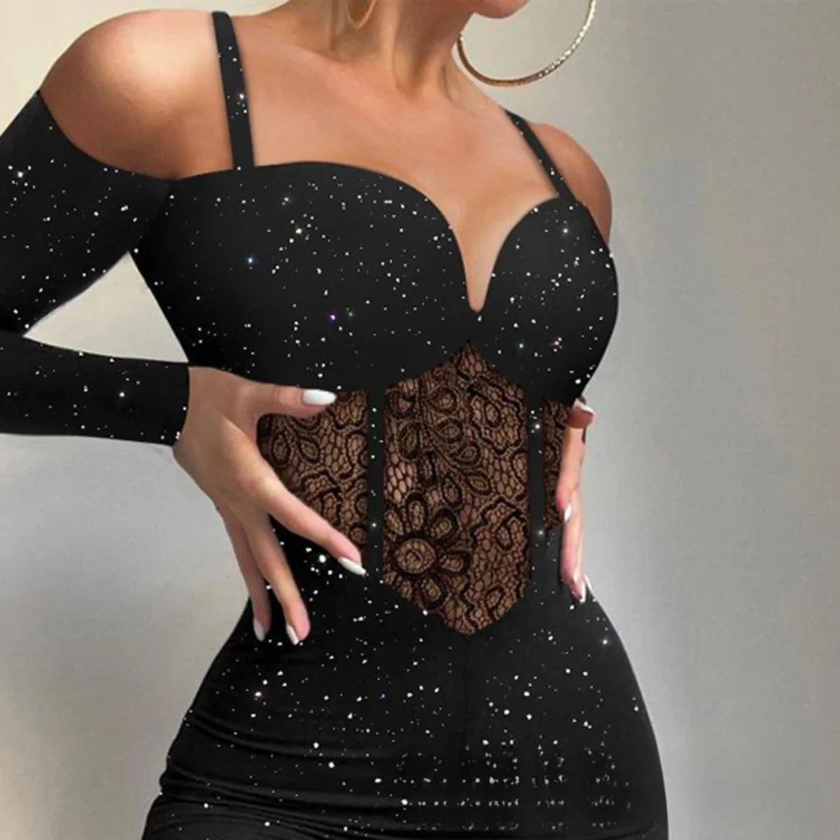 Lace Mesh Long Sleeve High Waist Bodysuit Romper