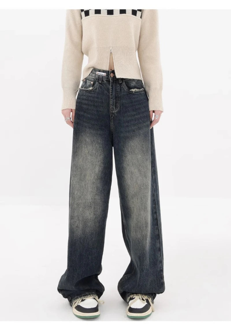 Harajuku Y2K Loose Jeans Women'S Streetwear Retro Fashion High Waisted Pants High Street Loose Wide Leg Denim Pants Women