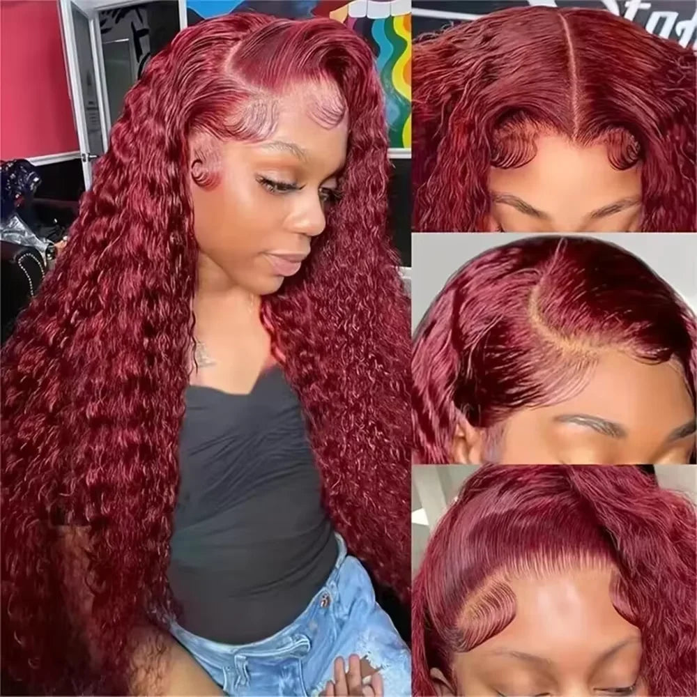 46 Inch Deep Wave High Density 99j Burgundy 13x6 Lace Frontal Human Hair Curly Wig Red Colored 13x4 HD Lace Front Wig For Women