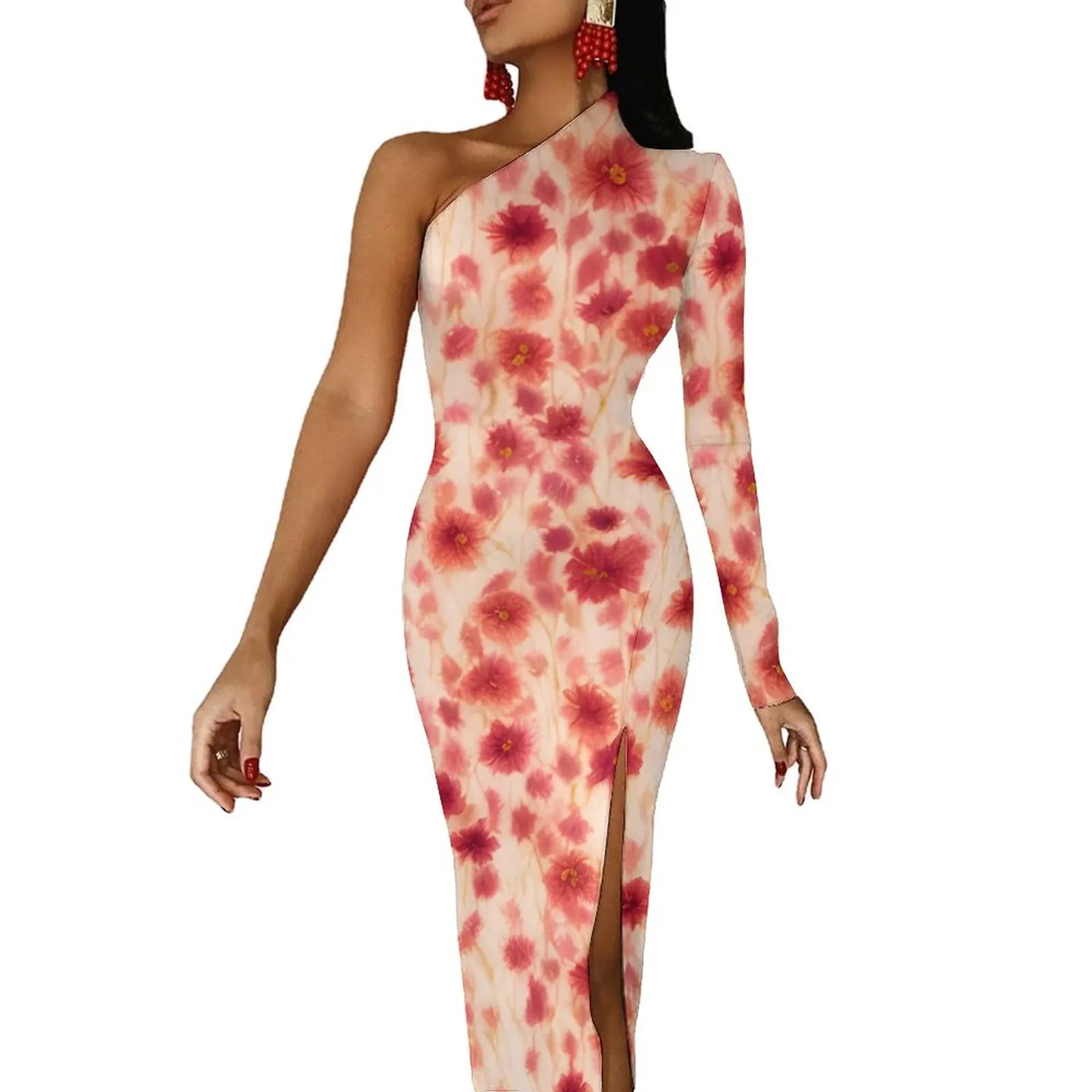 One-Shoulder Floral Print Bodycon Maxi Dress