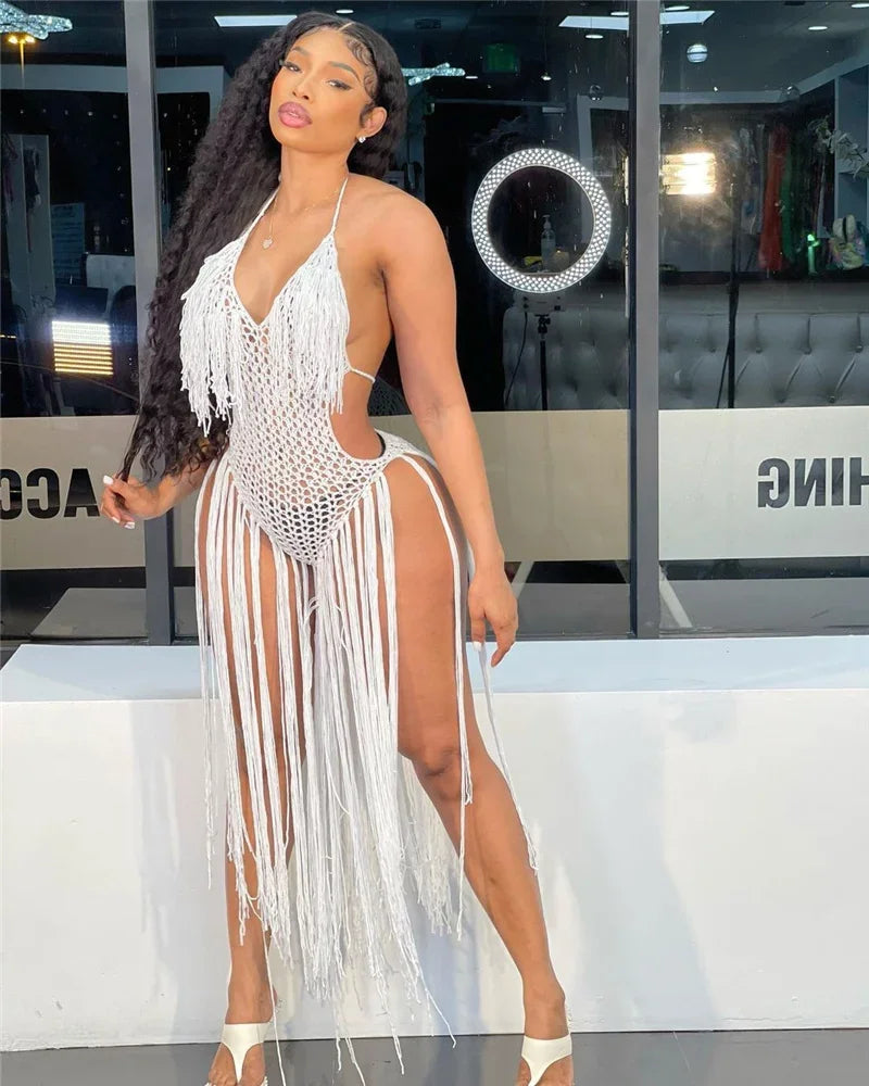 Halter V-Neck Tassel Backless Crochet Maxi Dress