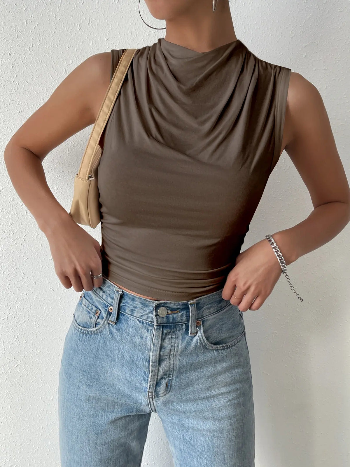 Pleated Half-High Neck Sleeveless Top