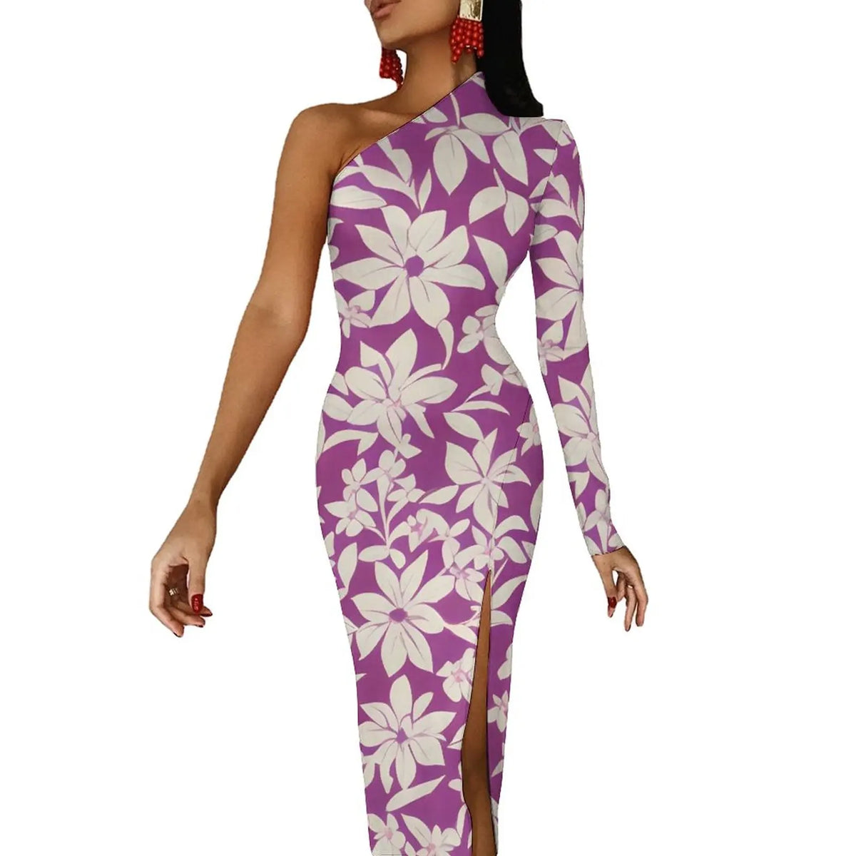One-Shoulder Floral Print Bodycon Maxi Dress