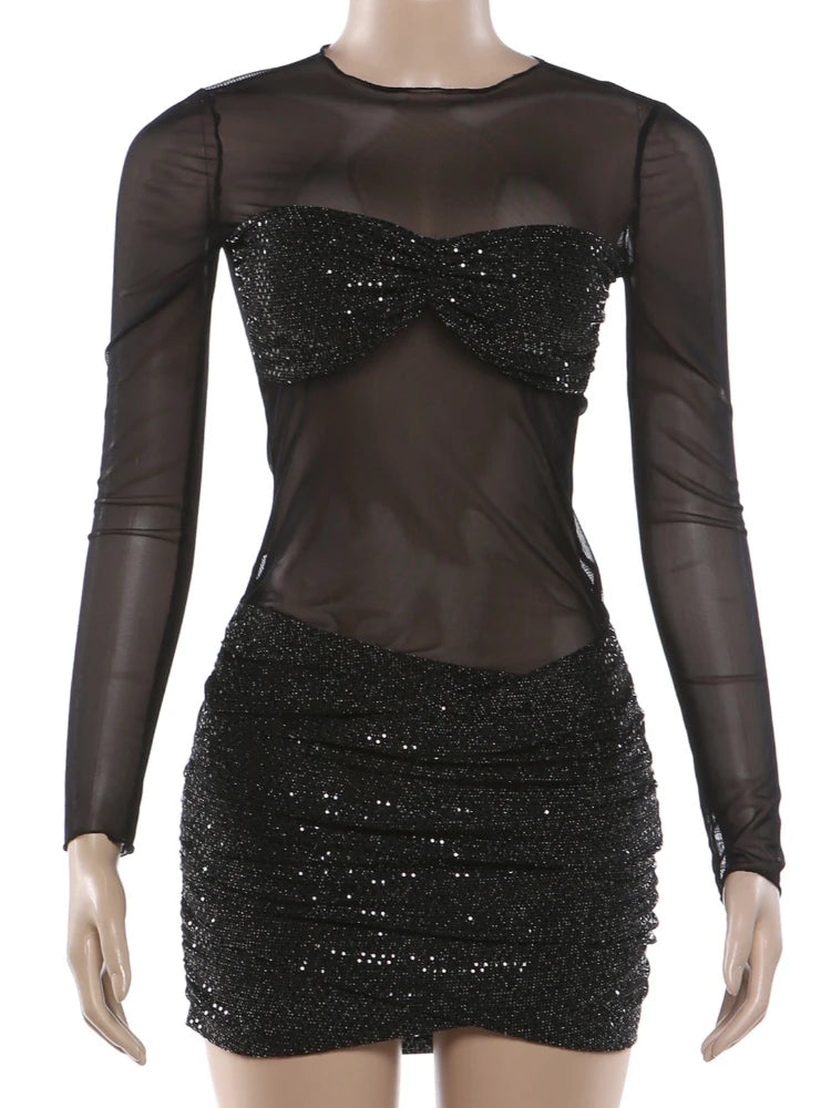 Sequin Patchwork Mesh Long Sleeve Mini Dress