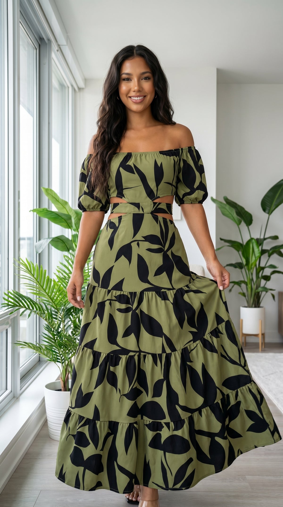 Leaf Print Off-Shoulder Cut-Out Tie-Up Skirt Set