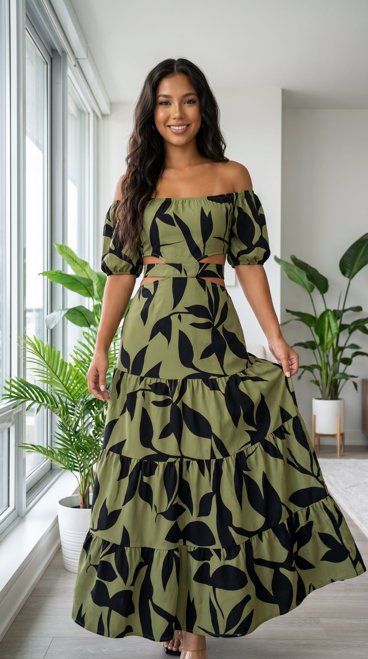 Leaf Print Off-Shoulder Cut-Out Tie-Up Skirt Set