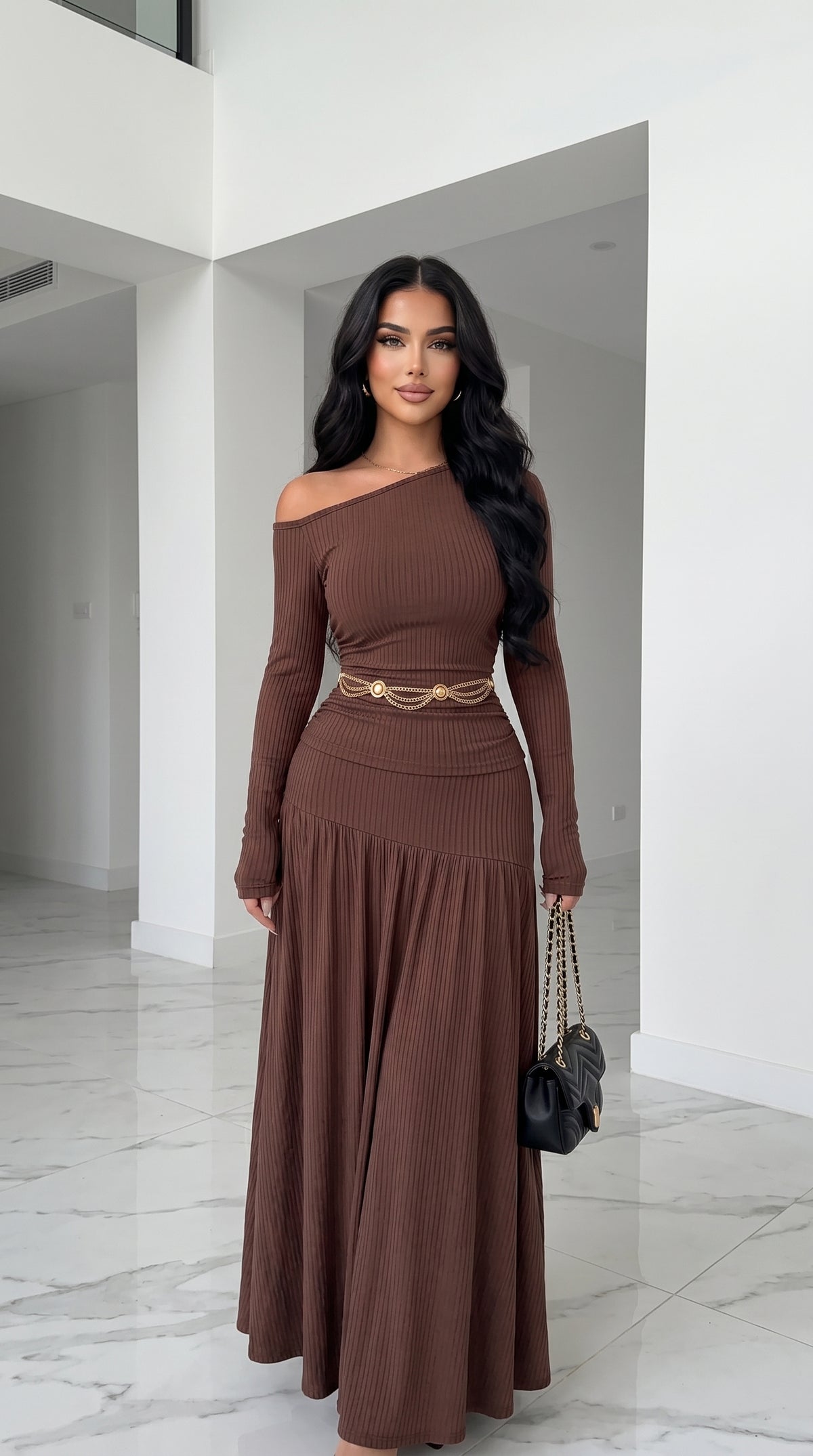 Striped Off-Shoulder Pleated Top & Flared Skirt Set