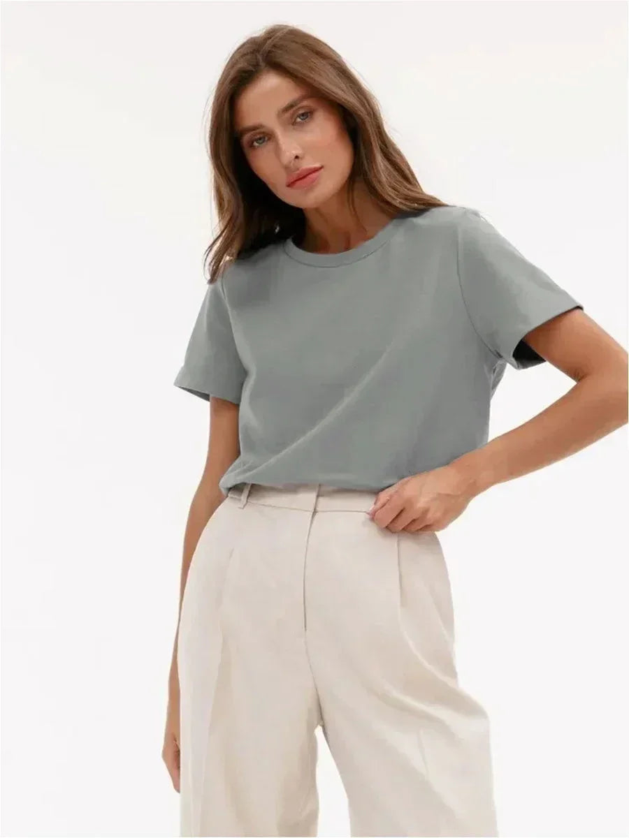 Summer 100% Cotton Women'S T-Shirt Bottoming Basic Fashionable Solid Lady Short Sleeve Loose Tops Shirts 230G/㎡ Tops