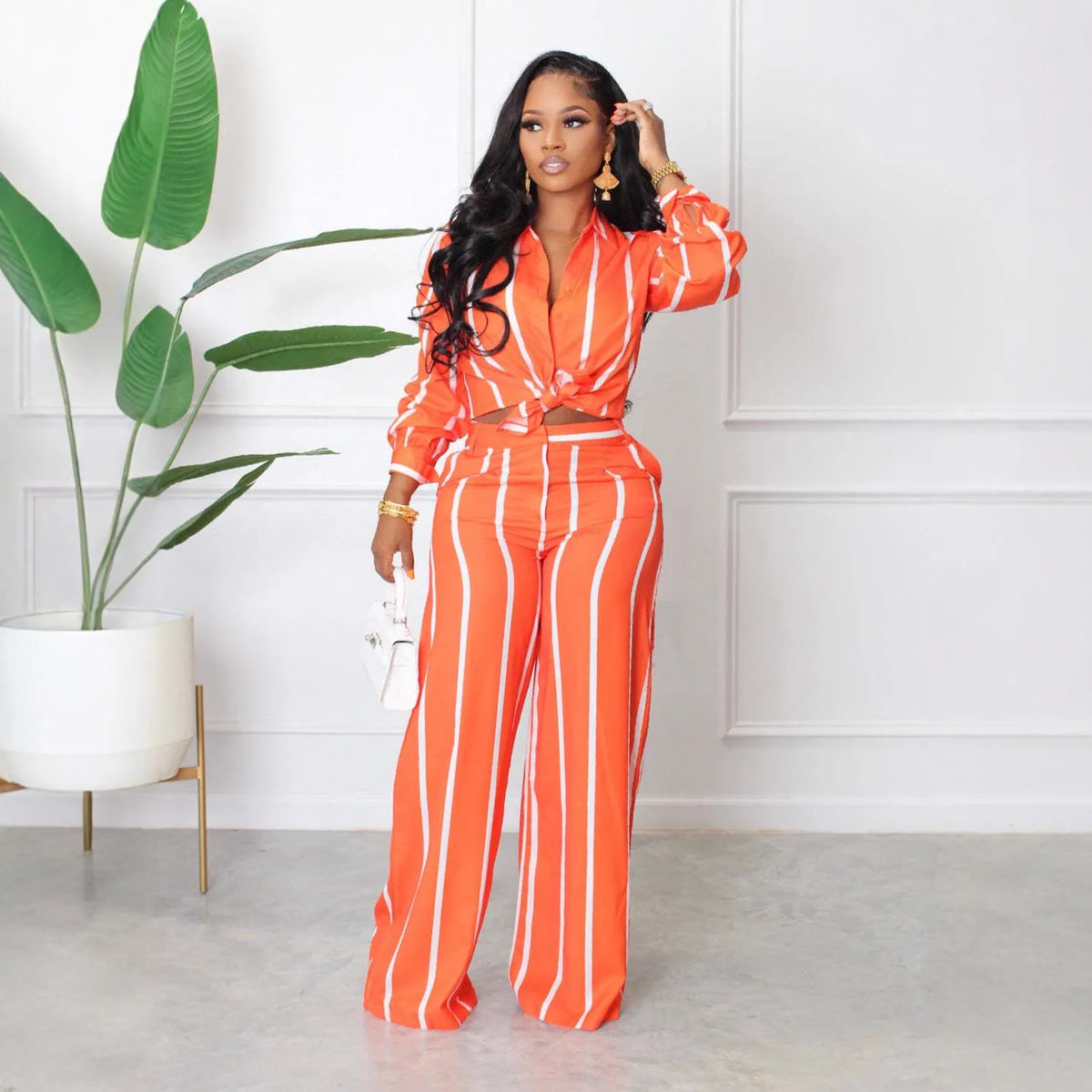 Striped Print Long Sleeve Blouse & Pants Set