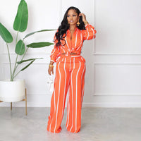 Striped Print Long Sleeve Blouse & Pants Set