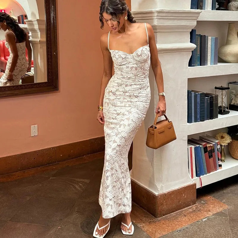 Lace Trim Backless Halter Maxi Dress