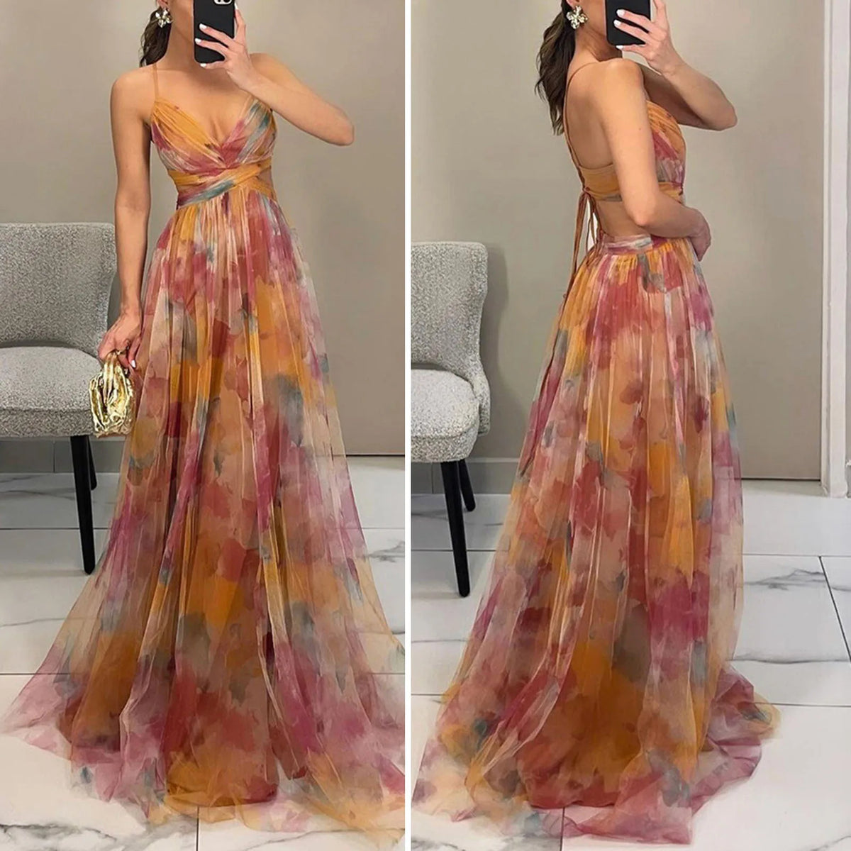 Elegant Formal Party Dress Elegant One Shoulder Tie-Dye Ball Gown with Mesh Bubble Sleeves Split Hem Women'S Evening Dress