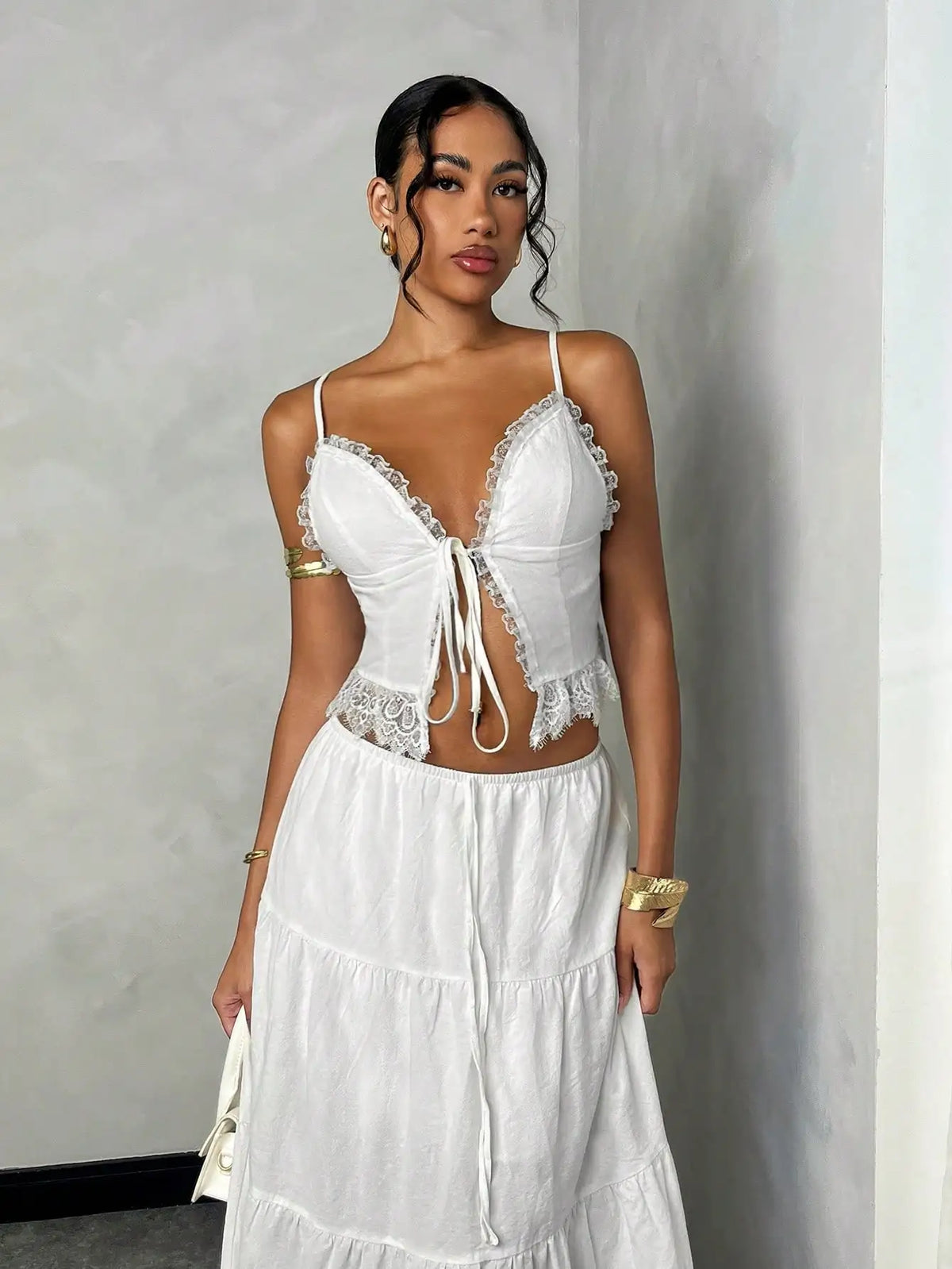 White Lace Trim Cami Top & Tiered Maxi Skirt Set