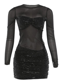 Sequin Patchwork Mesh Long Sleeve Mini Dress