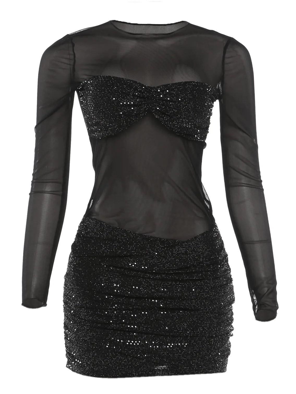 Sequin Patchwork Mesh Long Sleeve Mini Dress