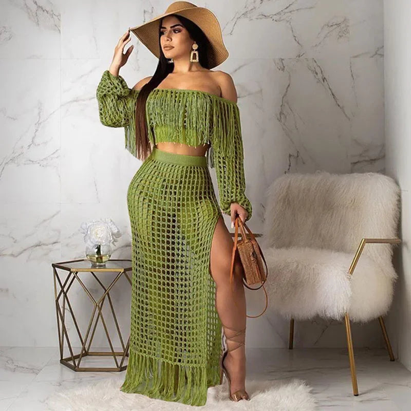 Fringed Tassel Crochet Hollow-Out Maxi Dress