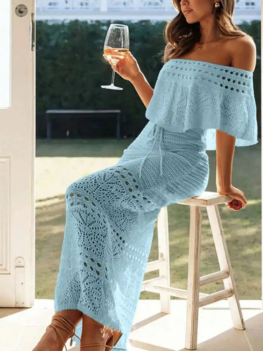 Cream Off-Shoulder Drawstring Waist Crochet Maxi Dress