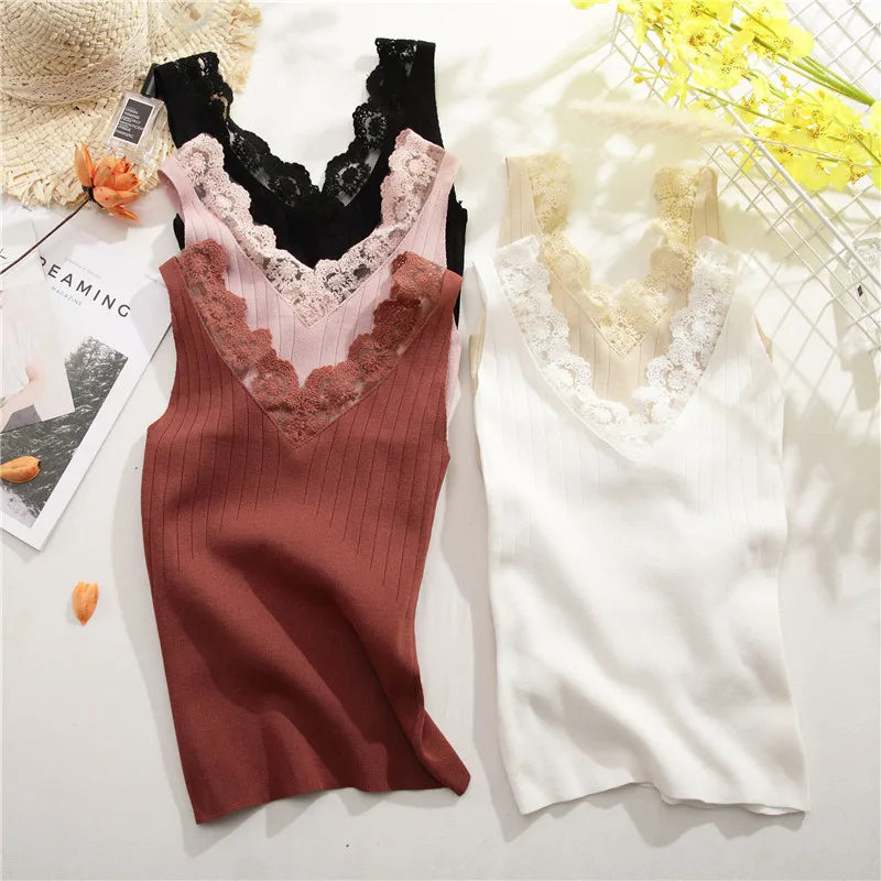2025 Sexy Basic Lace Camisole Summer Knit Tank Top Women V Neck Camisole Female Camis High Elasticity Top Casual Tank Tops