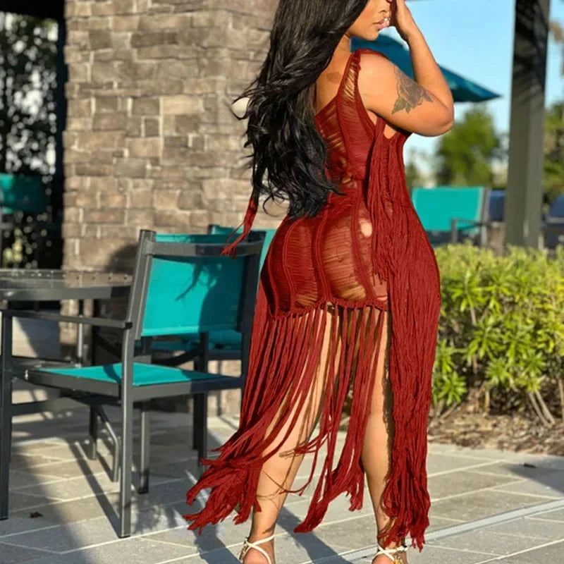 Fringe Tassel Crochet Beach Cover-Up Maxi Dress