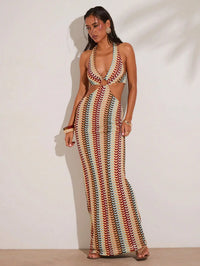 Crochet Halter Neck Cut-Out Maxi Dress with Colorful Striped Pattern for Beach Vacation