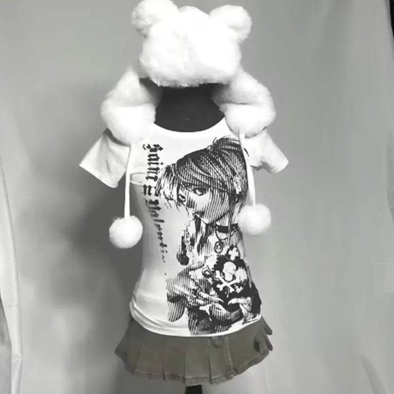 Y2K Anime Print Vintage Crop Tee