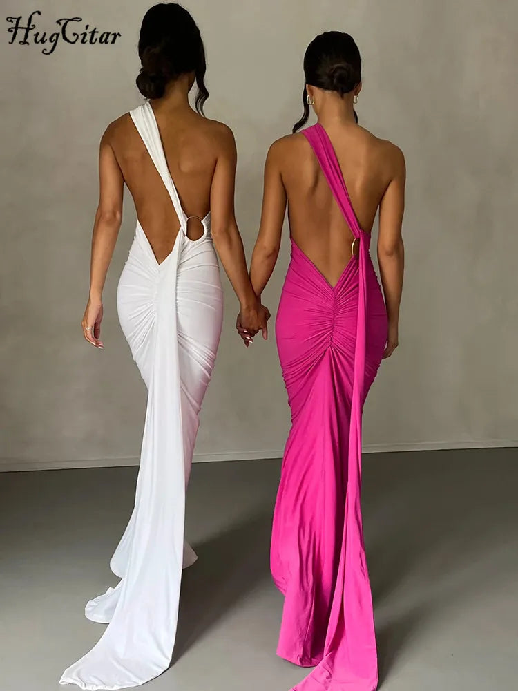 One-Shoulder Backless Ruched Maxi Dress
