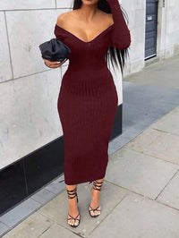 Off-Shoulder V-Neck Ribbed Knit Bodycon Midi Dress
