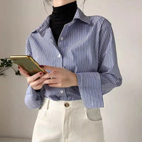 Striped Lantern Sleeve Stand Collar Blouse
