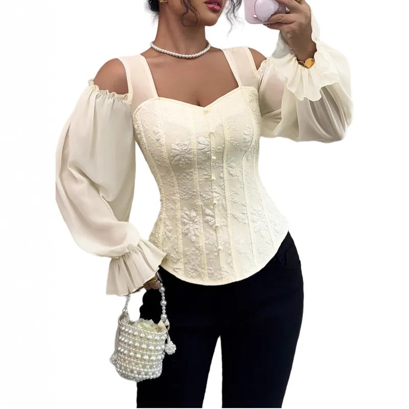Square Collar Jacquard Slim Fit Blouse