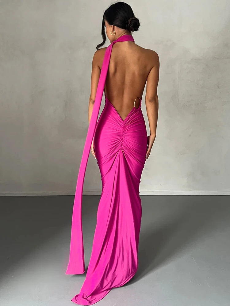 One-Shoulder Backless Ruched Maxi Dress