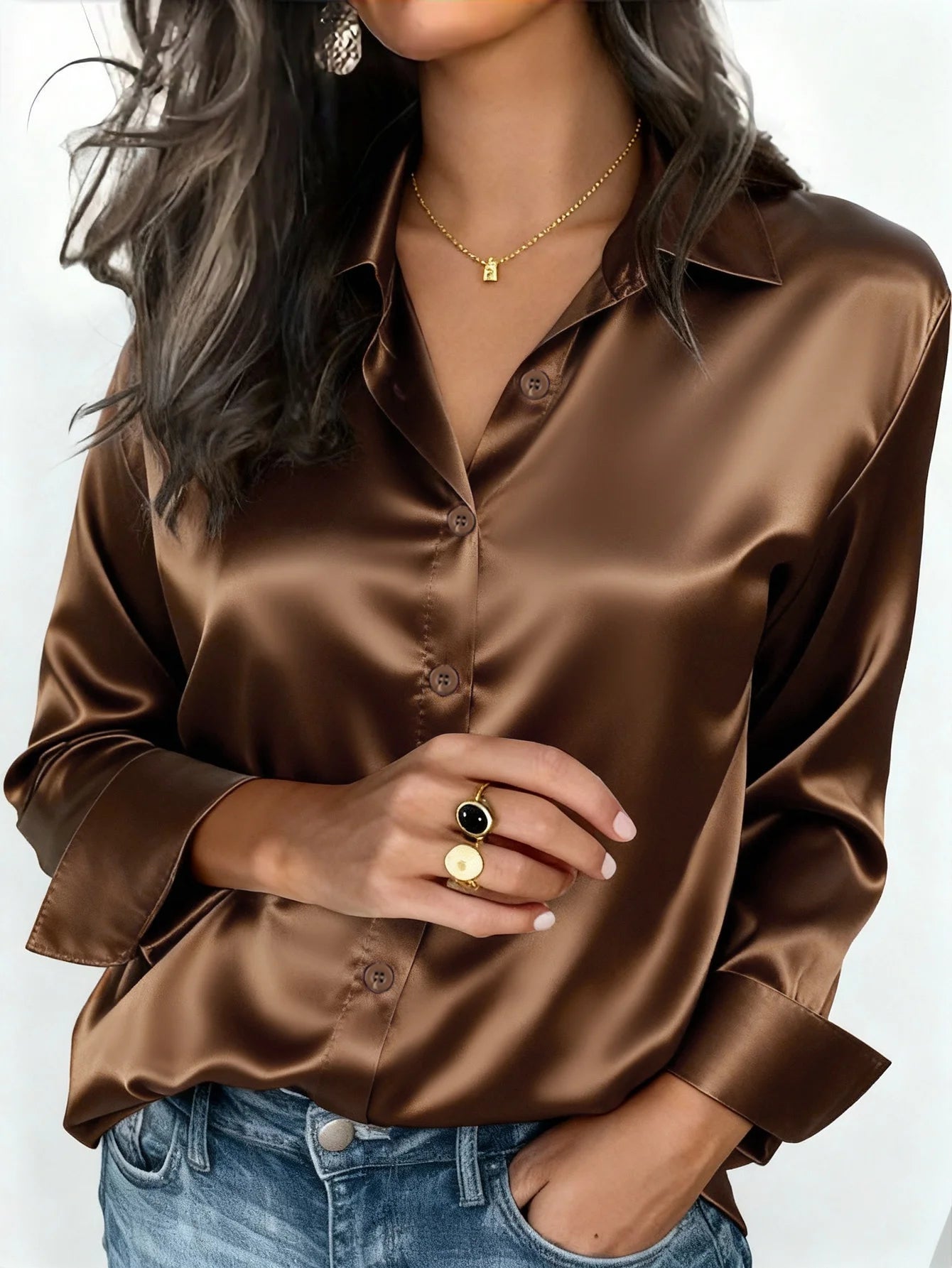 Satin Button-Up Collared Blouse
