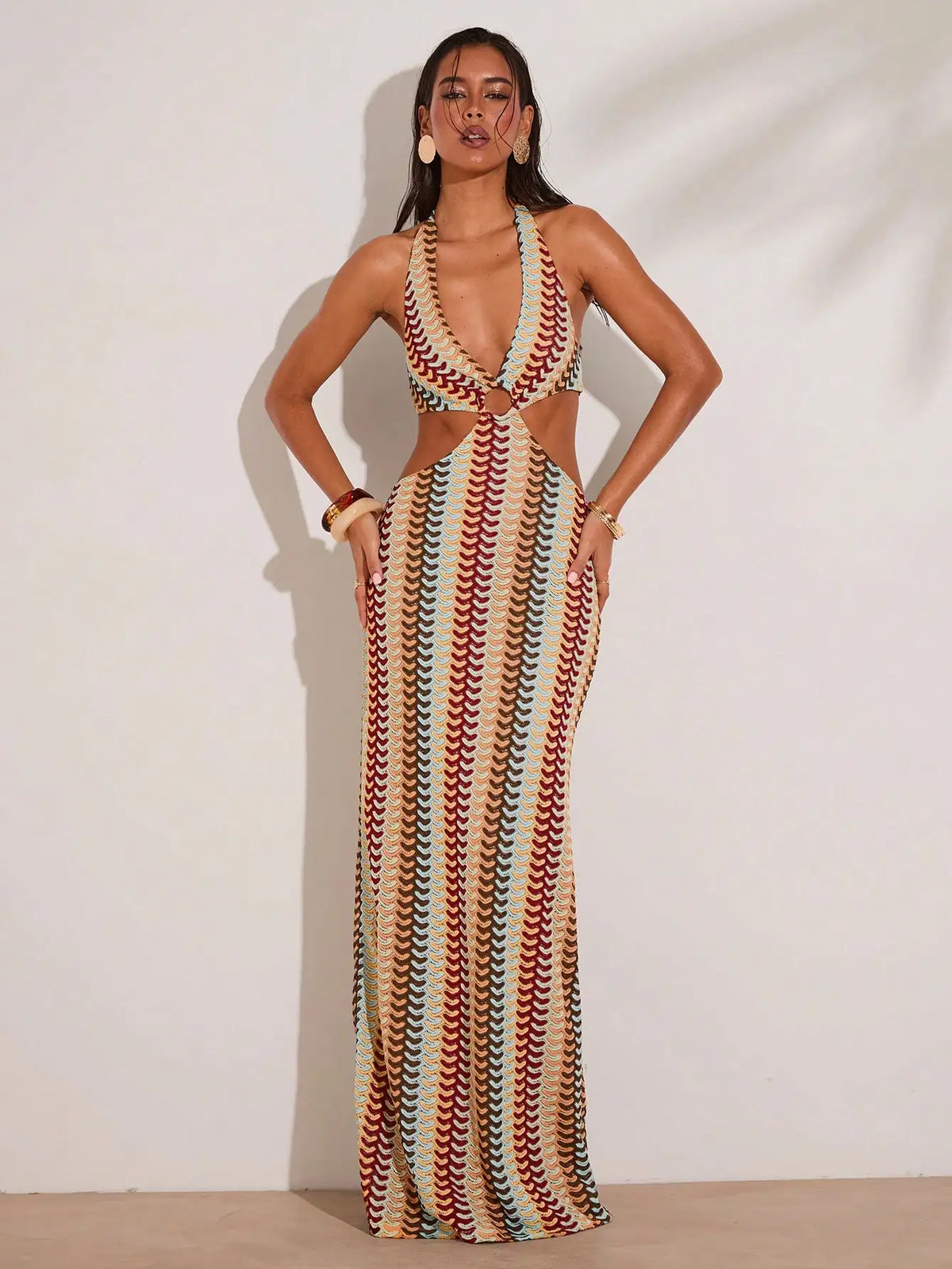 Crochet Halter Neck Cut-Out Maxi Dress with Colorful Striped Pattern for Beach Vacation
