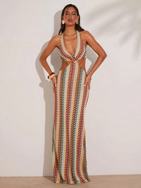 Crochet Halter Neck Cut-Out Maxi Dress with Colorful Striped Pattern for Beach Vacation