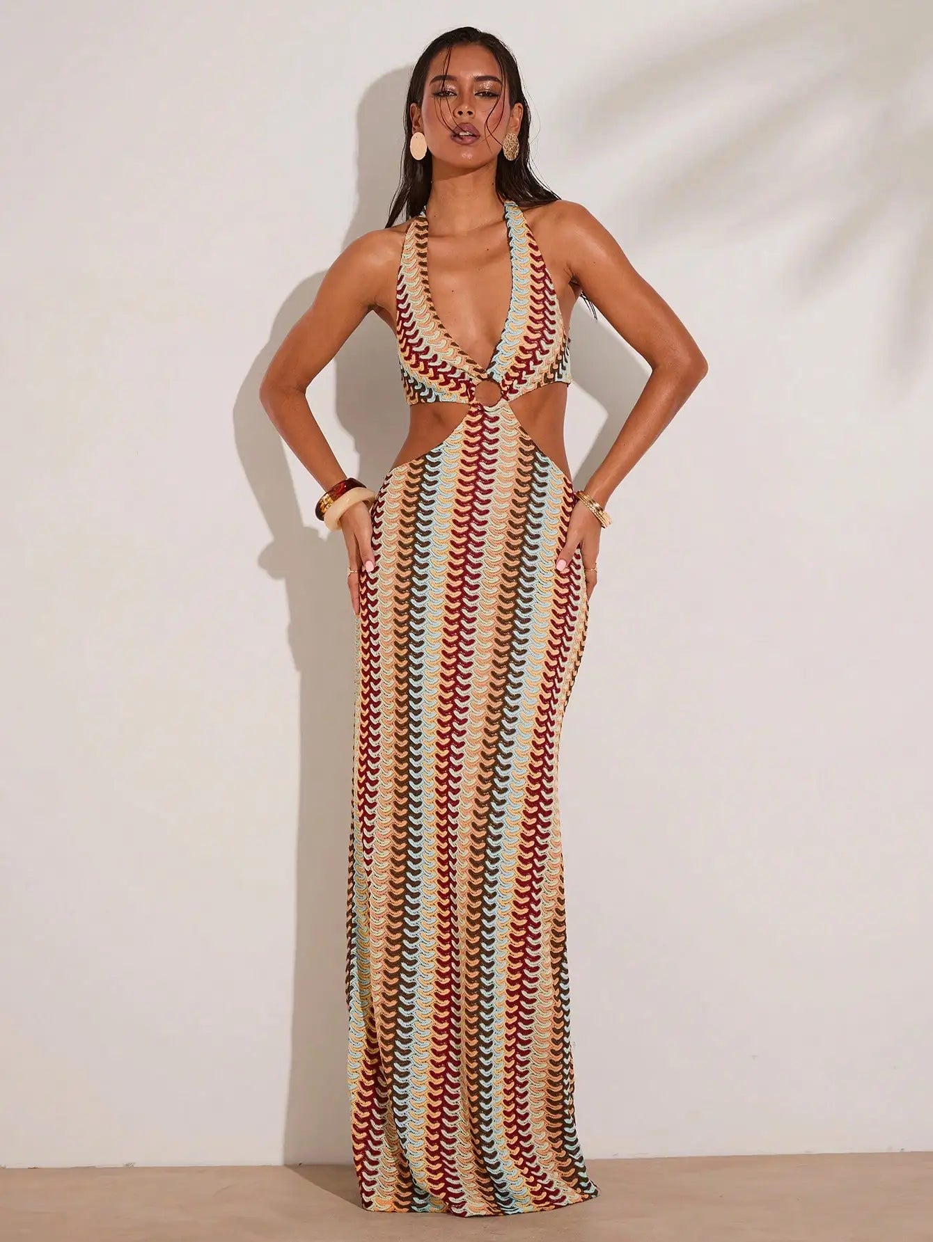 Crochet Halter Neck Cut-Out Maxi Dress with Colorful Striped Pattern for Beach Vacation