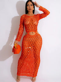 Sequined Crochet See-Through Bodycon Maxi Dress