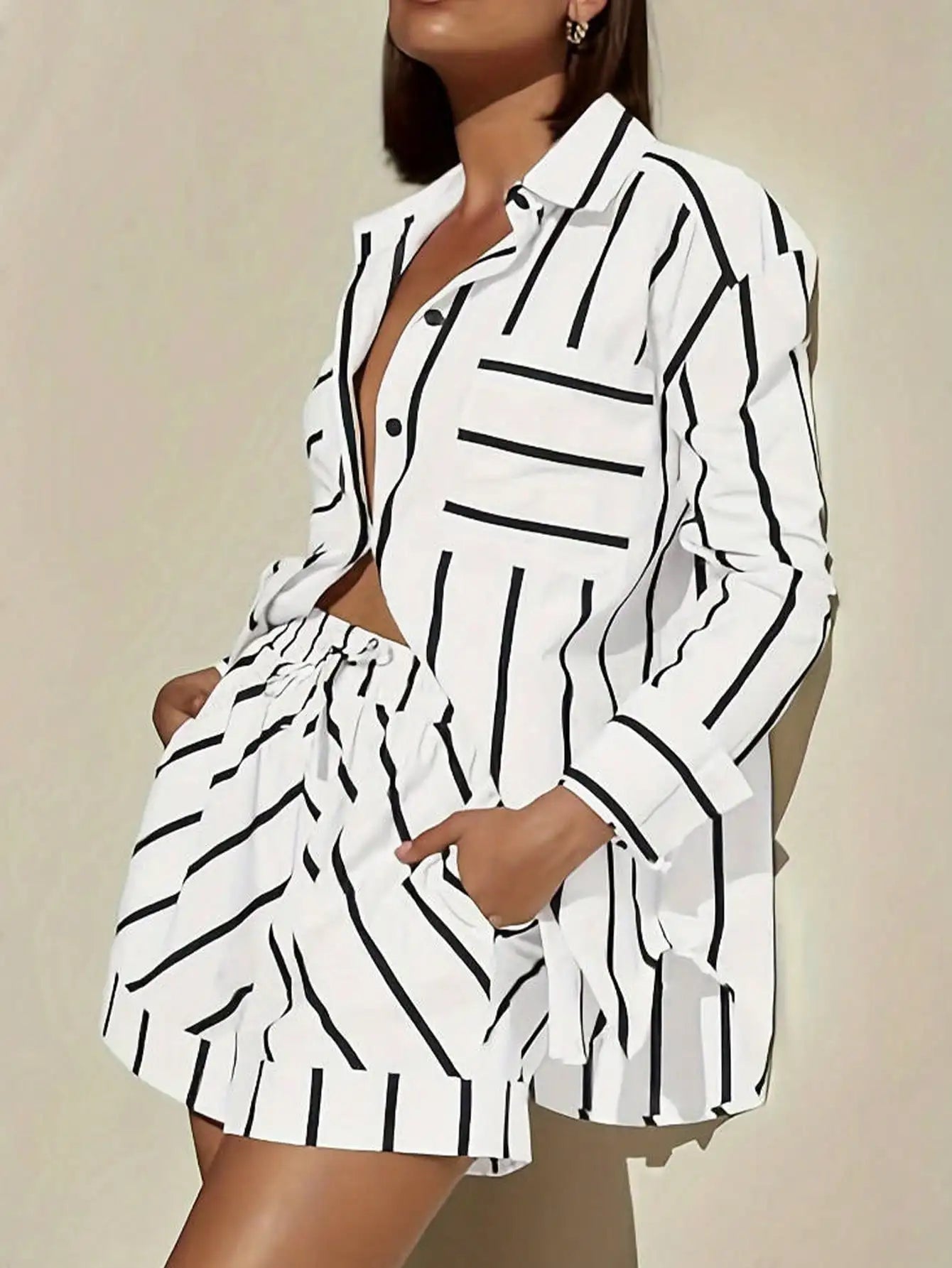 Monochrome Stripe Co-Ord Set — Long Sleeve Shirt & Tailored Shorts